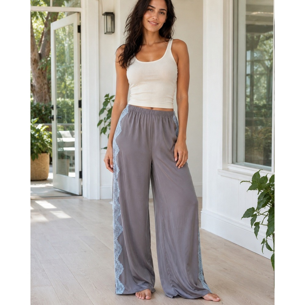Savage X Fenty Grey Satin Wide Leg Pajama‎ Pants Blue Lace Trim Size M NWT